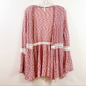 Sage Marled Knit Lace Detail Bell Sleeve Open Cardigan